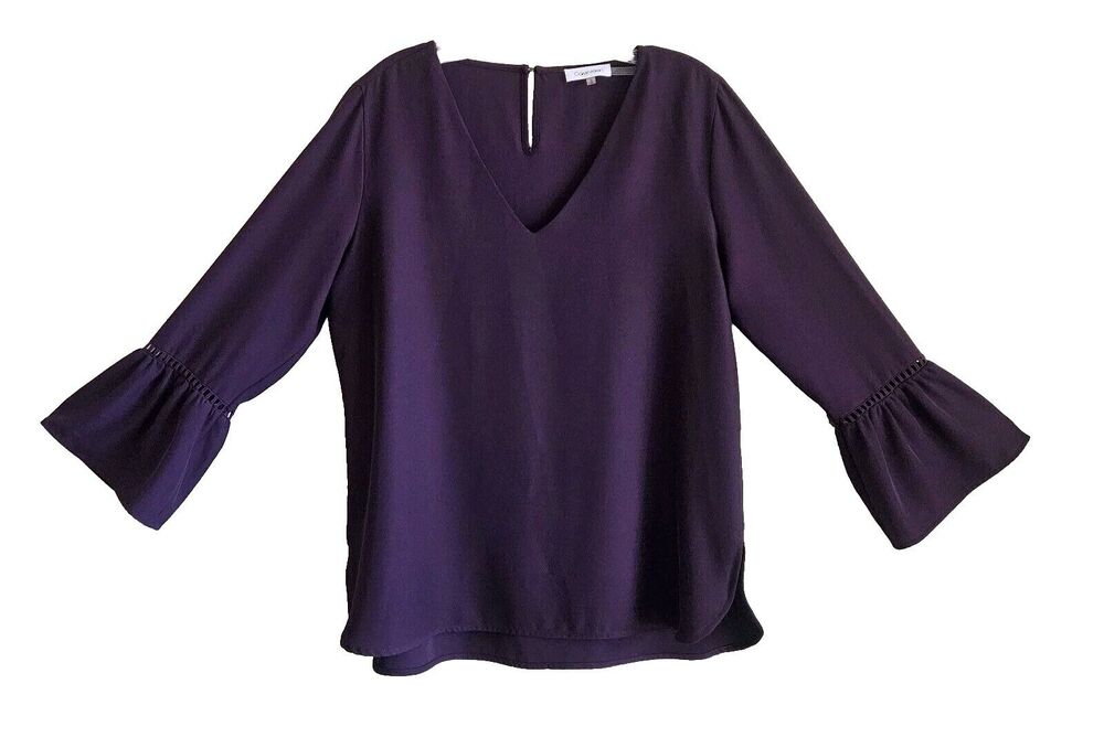 CALVIN KLEIN Women M Blouse Plum Purple 3/4 Bell Sleeve V-Neck Back Keyhole 40"